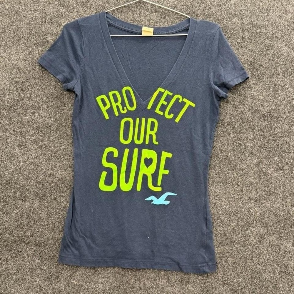 Hollister Protect Our Surf Womens Medium Navy Graphic V Neck Tee Y2K